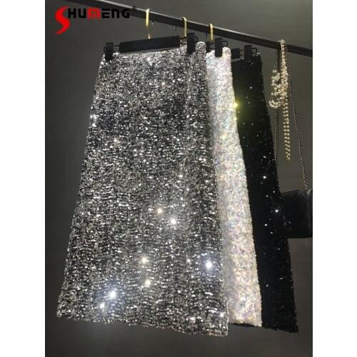 2021 Autumn Winter Womens Sequin High Waist Slimming Mid-Length Skirt Ladies Fashion Shiny A-line Streetwear Mid-calf Skirt