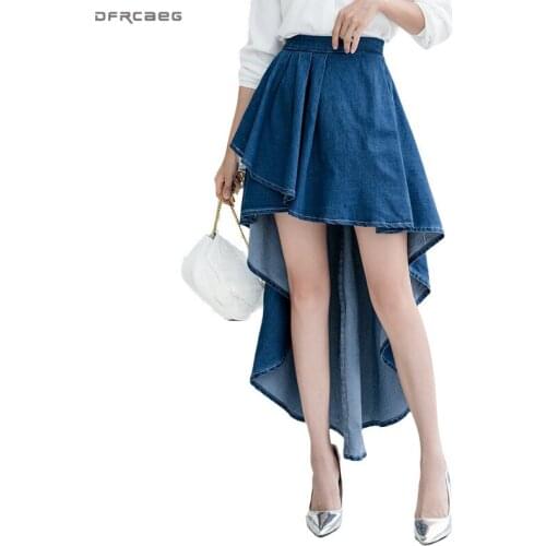 Blue Vintage Irregular Jeans Skirt With Ruffles 2020 Summer High Waist Casual Patchwork Ladies Pleated Skirts Denim Female