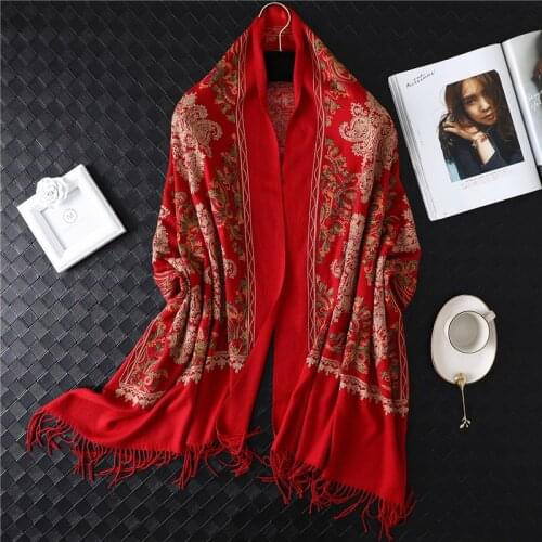 Women Cashmere Scarves High Quality Floral Embroidery Winter Scarf for Lady Thick Tassel Long Shawls Glitter Hijab Bandana 2020