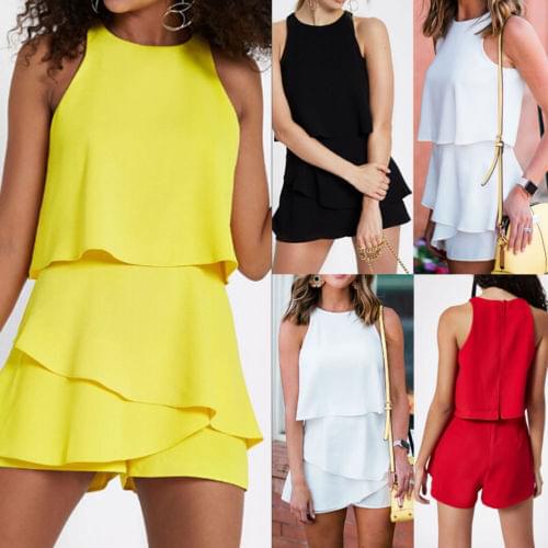 Women High Street Overalls Jumpsuits Summer Chiffon Falbala Sleeveless Ladies OL Solid Loose Palysuits