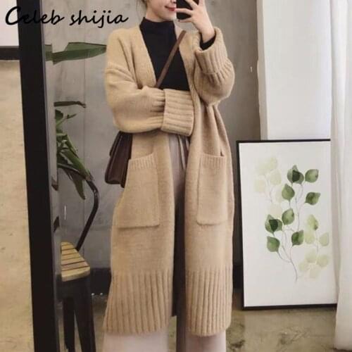SHIJIA Khaki Long Knitted Cardigan Woman Pocket Fall 2021 Long Sleeve Korean Fashion Sweater Cardigans Female Gray Knit Coat
