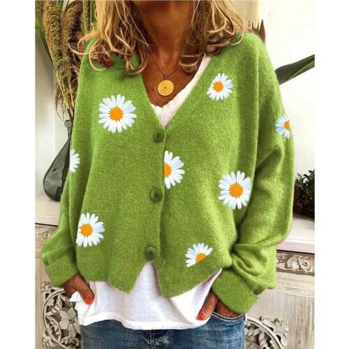 Women Cardigan Daisy embroidery knitted sweater single breasted full sleeve v-neck autumn outwear green cardigan floral pattern