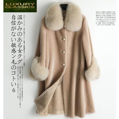 Fur Coat Female Real Larga Fox Fur Collar Vintage Sheep Shearing Jacket Women Korean 100% Wool Coats Fur Tops Hiver 796
