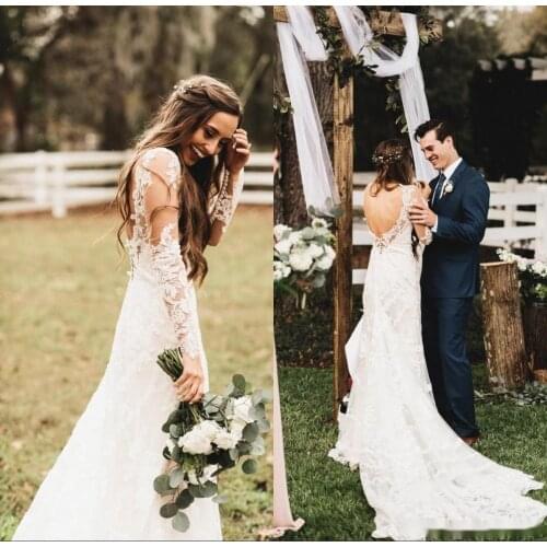 Beach Boho Wedding Dress Backless V-neck Straps Long Sleeves Floor Length Bridal Gowns Formal Dresses Bohemian Vestido De Noiva
