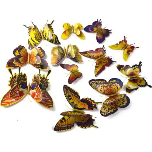 12pcs/3D Golden Double Layer Butterfly Magnet Refrigerator Magnet Golden Butterfly Set Wall Sticker DIY Artist Home Decoration