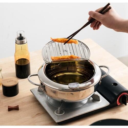 20 24 cm Japanese Deep Frying Pot with a Thermometer and a Lid 304 Stainless Steel Kitchen Multifunctional Tempura Fryer Pan