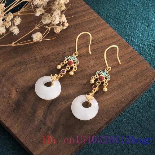 White Jade Doughnut Earrings Gifts Zircon Women Amulet Charm Fashion Chalcedony Jewelry Crystal Gemstone 925 Silver Natural