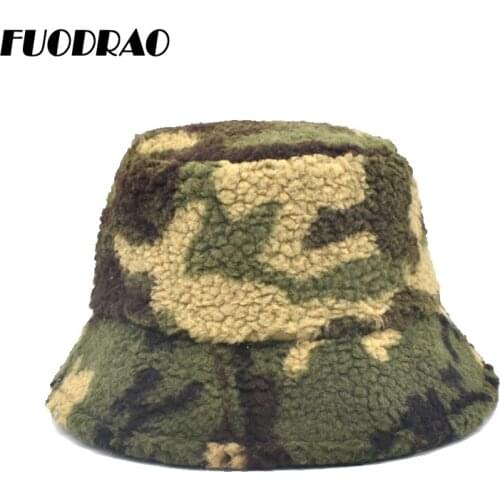 FUODRAO New Winter Tie dye Bucket Hats Women Faux Lamb Wool Panama Girls Outdoor Thick Warm Camouflage Hat Fisherman Hats M141
