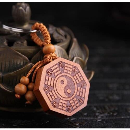 Chinese Peach Wood Carved Strange Gate Eight Diagrams Card Exorcism Amulet Exquisite Car Key Chain Pendant