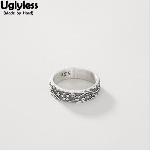 Uglyless 100% Real Solid 925 Sterling Silver Handmade Plum Blossom Finger Rings for Women Ethnic Thai Silver Flower Open Ring