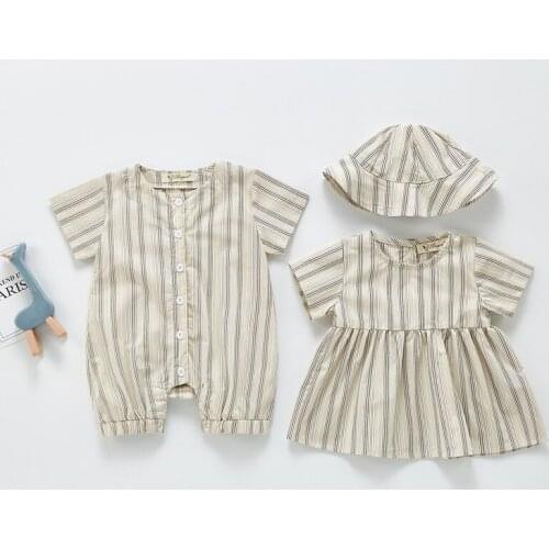 Summer Family Party Outfits Striped Baby Boys Romper Girls Dresses Outdoor Sister Brother Matching Pullover Newborn Clothing Set