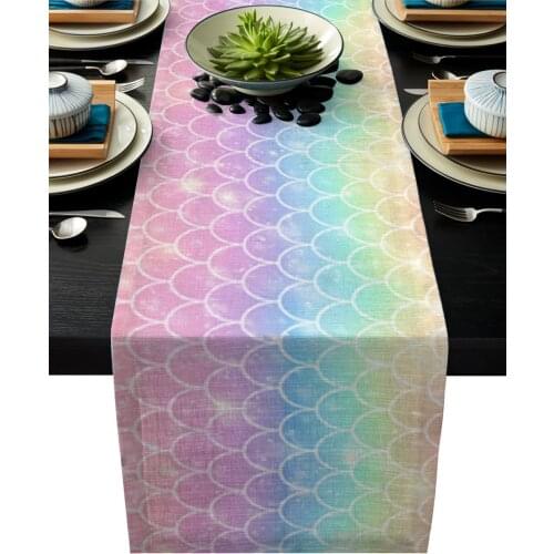 Table Runner Tablecloth Mermaid Scales Ocean Rainbow Kitchen Table Runners for Dinner Holiday Party Wedding Events Decor