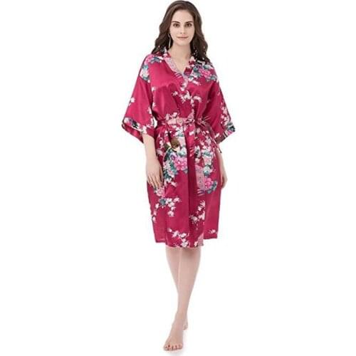 Plus Size 3XL Summer Sexy Black Nightgown Mid Sleepwe Womens Printing Peacock Kimono Robe Short Sleeve Silk Bridal Robe D128-02