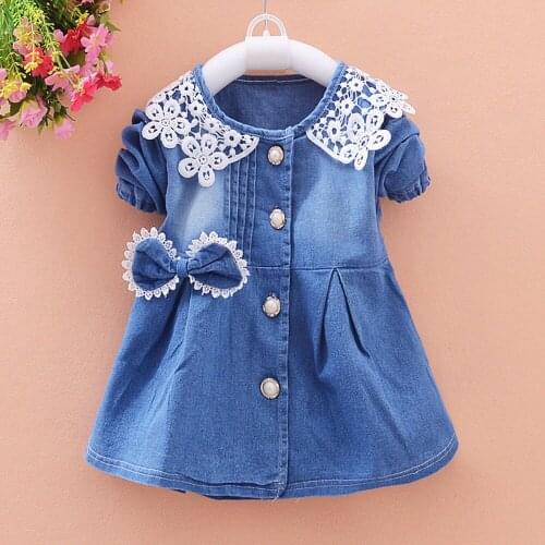 Toddler Baby Solid Color Mini Dress Girls Bowknot Lace Buttons Short Sleeve Princess Denim Dress Outfits Retro Casual Dresses