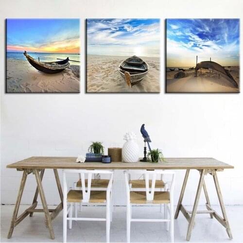 Sea Beach Boat Landscape Posters Restaurant Study Pictures Family Wall Art Canvas Quadro Painting Cuadros Decoracion Salon