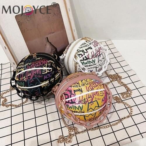 Casual PU Leather Round Ball Thin Chain Min Travel Handbags Fashion Personality Women Letter Graffiti Shouder Crossbody Bags