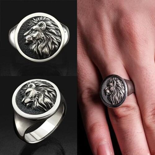Punkboy Popular Style Silver Color Round Shaped Craved Domineering Lion King Head Animal Metal Ring for Men Party Jewelry