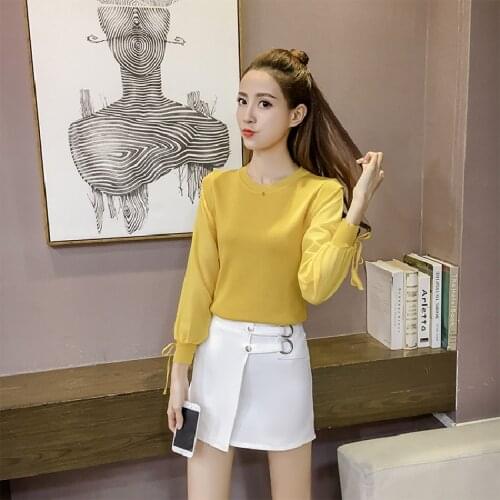 Spring Autumn Pure Color Pullover Women Clothing Clothes 2021 New Korean Fashion All-Match Net Yarn Stitching Bow Sweater Female