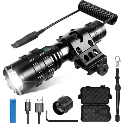 Tactical Flashlight 1600 Lumens USB Rechargeable Torch Waterproof Hunting Light with Clip Hunting Shooting Gun Accessories