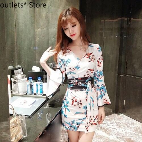 New Japanese Traditional Kimono Ladies Print Ethnic Style Sexy V-neck Corset Kimono Dress Asian Clothes