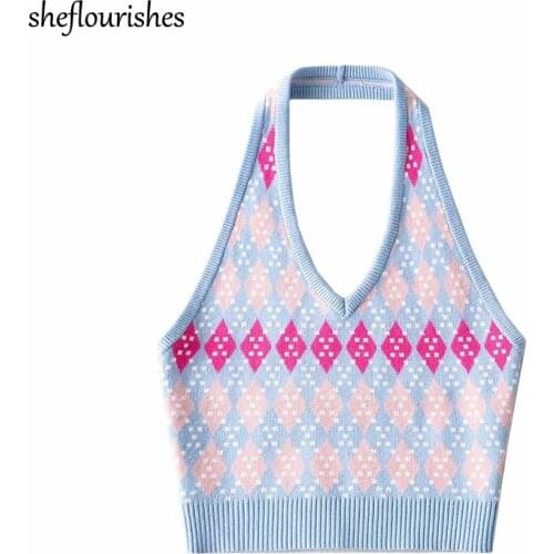 Knit tank top women casual backless tops summer sexy corset top sleeveless halter tops korean style argyle vest vintage 2021