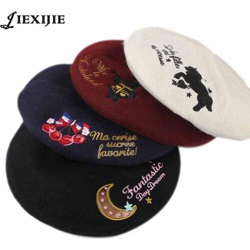 Japanese 100% wool pattern vintage hat moon cherry embroidery Princess lolita College sweet lady painter lovely Winter warm hats
