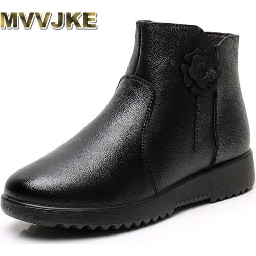 MVVJKE Fashion Winter Women Genuine Leather Ankle Boots Female Thick Plush Warm Snow Boots Mother Waterproof Non-slip Booties