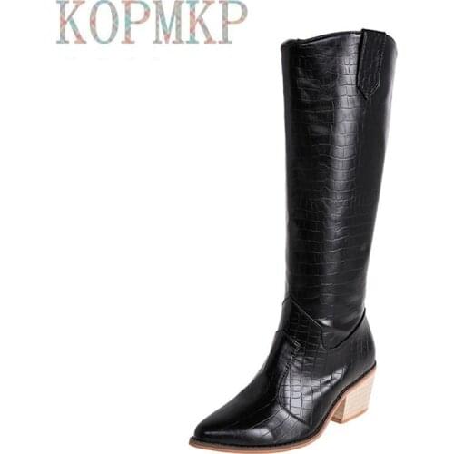 Womens Chelsea Boots Alligator Pattern Wide Calf Long Tube Boot Winter Knee-High Leather Boots Stylish High Heel Pointed Shoes