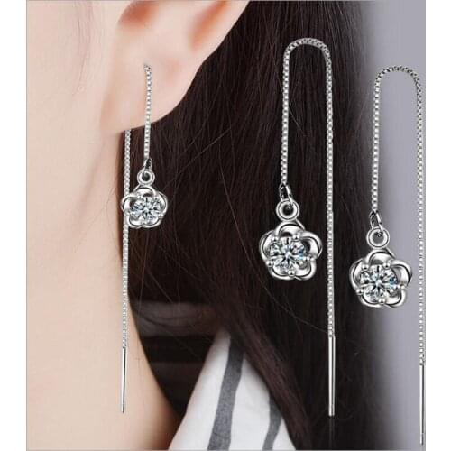 KOFSAC New Fashion 925 Silver Earrings For Women Wedding Classic Purple & White Crystal Plum Flower Long Ear Line Jewelry Gifts