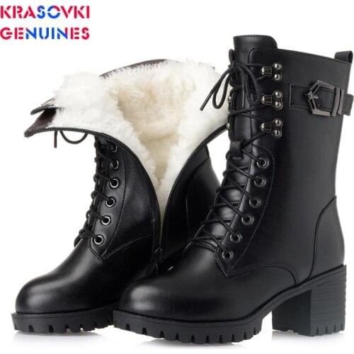 Krasovki Genuines Wool Women Women Boots Warm Fur Warm Genuine Leather Shoes Plush Ankle Boots Platform for Women Snow Boots