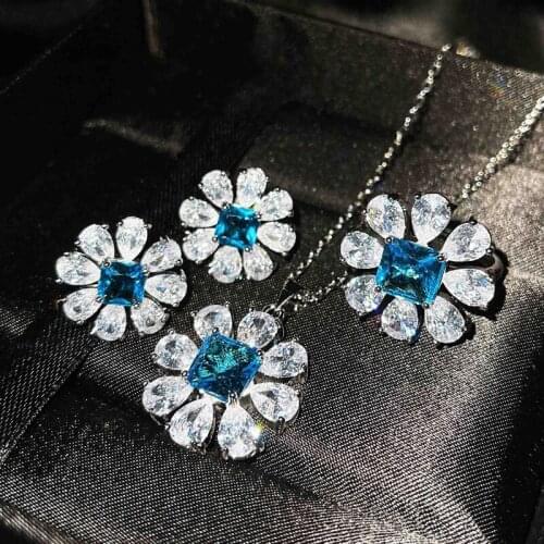 KOFSAC High Quality Crystal Blue Necklaces Set 925 Sterling Silver Jewelry Zircon Sun Flower Pendant Women Anniversary Gifts New