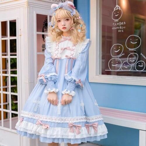 Prayers Dream Original Design Womens Lolita Dress Short/Long Sleeve Princess One Piece Cute Girl Party Blue & Pink Cross