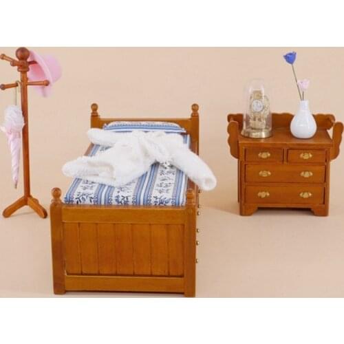 1Pc 1:12 Doll House Mini Furniture Wooden Bed Model Toy With Sliding Drawers