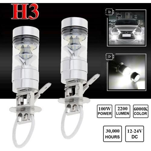 2pcs H3 LED Fog Light 100W Super Bright Chips Car Driving Bulb 12/24V White Car Accessories Running Lights Led Car Fog Lights