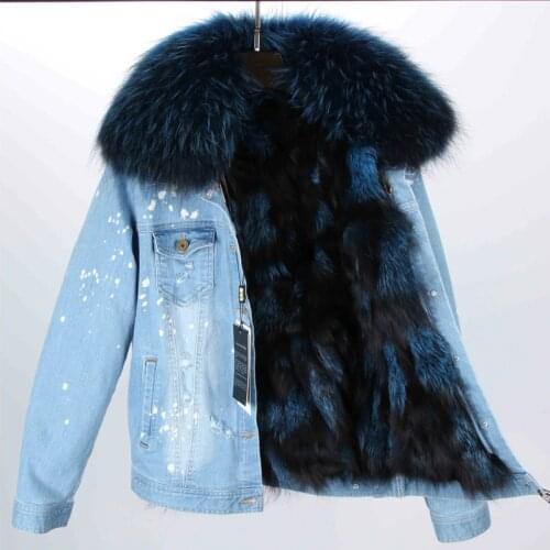 2020 New Fashion Women Winter Coat Large Raccoon Fur Collar Jacket Denim Real Fox Fur Lining Outwear Brand Style Parkas