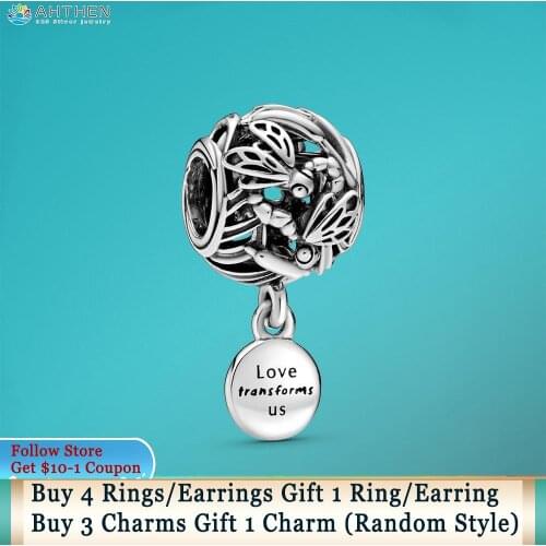 Ahthen 925 Sterling Silver Beads Openwork Dragonfly Love Charms fit Original Pandora Bracelets for Women Jewelry Making Gift