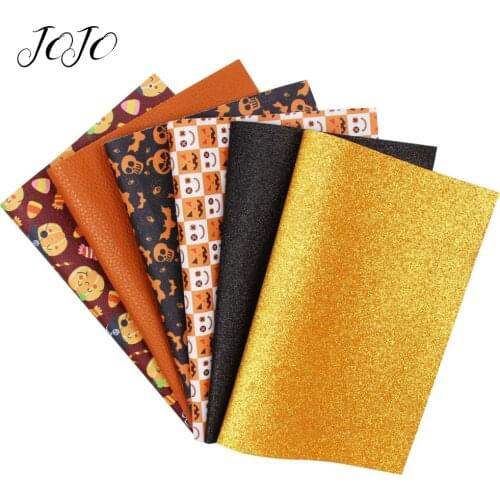 JOJO BOWS 22*30cm 6pcs Faux Synthetic Leather Glitter Fabric For Craft Halloween Printed Sheet For Needlework DIY Craft Hair Bow