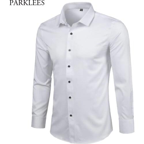White Mens Bamboo Fiber Dress Shirts Slim Fit Long Sleeve Shirt Man Chemise Formal Office Wear Elastic Shirt For Business Men