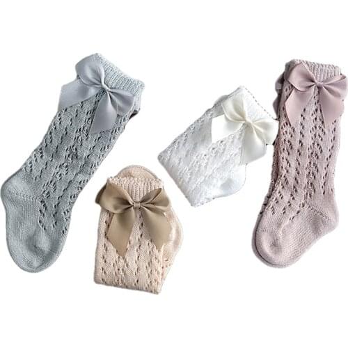 Kids Baby Socks for Girls Solid Color Breathable Cotton Socks Princess Bow Medium Tube Socks Summer Fall Clothes Accessories Hot