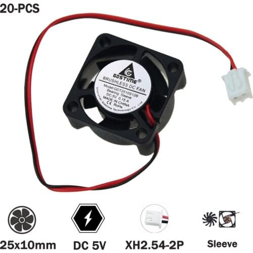 Gdstime 20 pcs Heatsink Cooling Fan 25mm x 10mm DC Micro Fan 5V 25x25mm Small Radiator Cooler 2 Pin Two Wire 2510