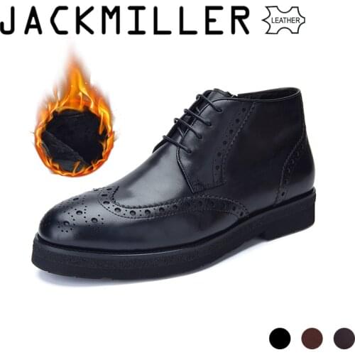 Jackmiller cow leather boots men winter natural wool lining warm shoes men lace-up inside zipper black dark brown light brown