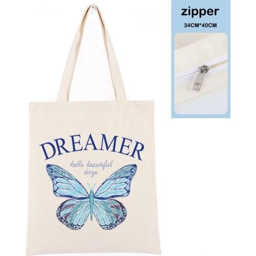 Ice Green Butterfly Print Kawaii Shopping Bag Vintage Women Canvas Tote Bag Ladies Hand Bags Korean Black Shopper Shoulder Bags