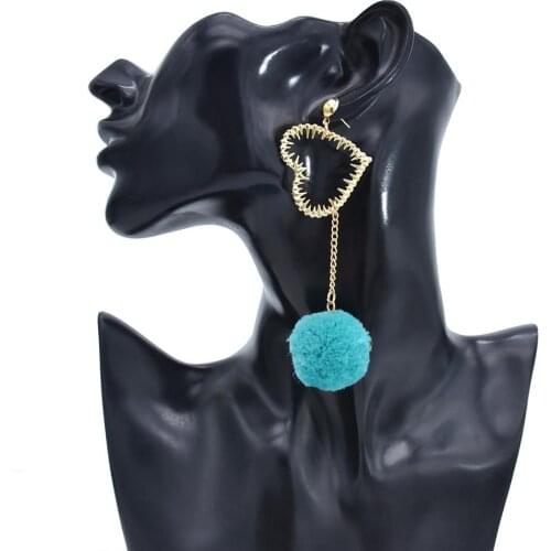Lovely Gold Metal Heart Drop Earrings for Women Girl Pom Pom Ball Statement Earring Holiday Party Jewelry Christmas Gift
