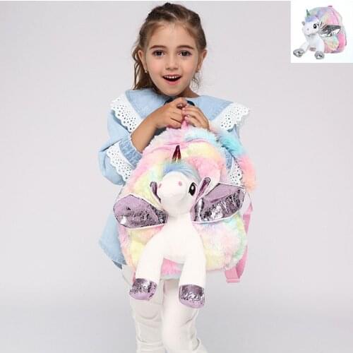 Cute Unicorn Student School Backpack Girl Cartoon Mini Fur Schoolbag Kidergarten Doll Plush Bag Toy Doll Backpack Children Gift