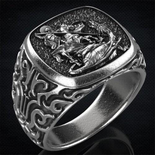 Punk Vintage Saint George Hero Rings For Men White Gold Jewelry European and American Myths Ward off Evil Spirit Retro Male Ring