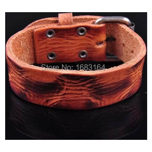 S469 Cool Vintage Retro Texture Mens Leather Bracelet Buckle Cuff Light Brown
