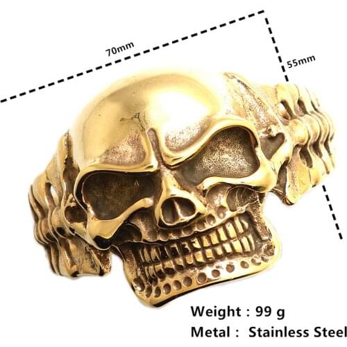 Newest Mens 316L Stainless Steel Big Evil Demon Skull Gold-Color Bangle