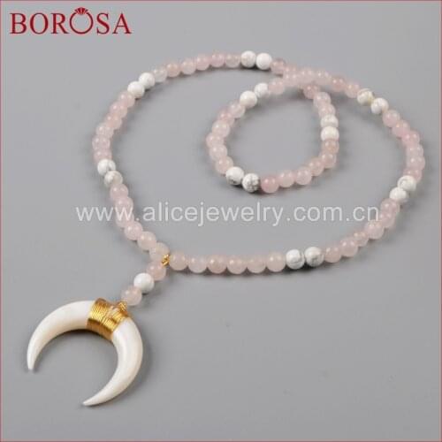 New Necklaces, Gold color Wire Wrap White Shell Horn Necklace With White Quartz And Pink Quartz Beads G1161