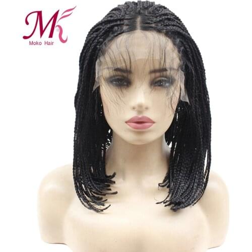 Moko Goddess Bob Black Lace Wigs High Temperature Fiber Hair Synthetic Lace Front Wig Long Braided Box Braids Wigs for Women