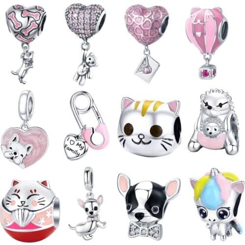 BISAER 925 Sterling Silver Pink Animals Charms Cute Bear Puppy Meow Charms Fit Pandora Bracelets Bangles DIY Jewelry ECC1054